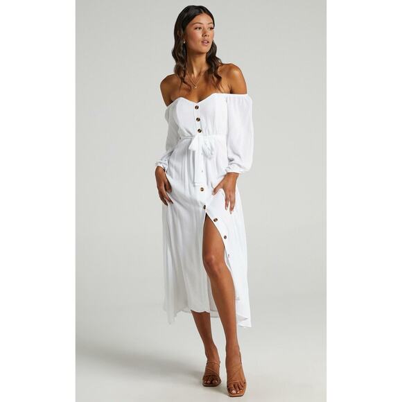 Showpo MIDI DRESS - OFF SHOULDER SLEEVE BUTTON THROUGH DRESS IN WHITE LINEN Sz 0 - Picture 1 of 13